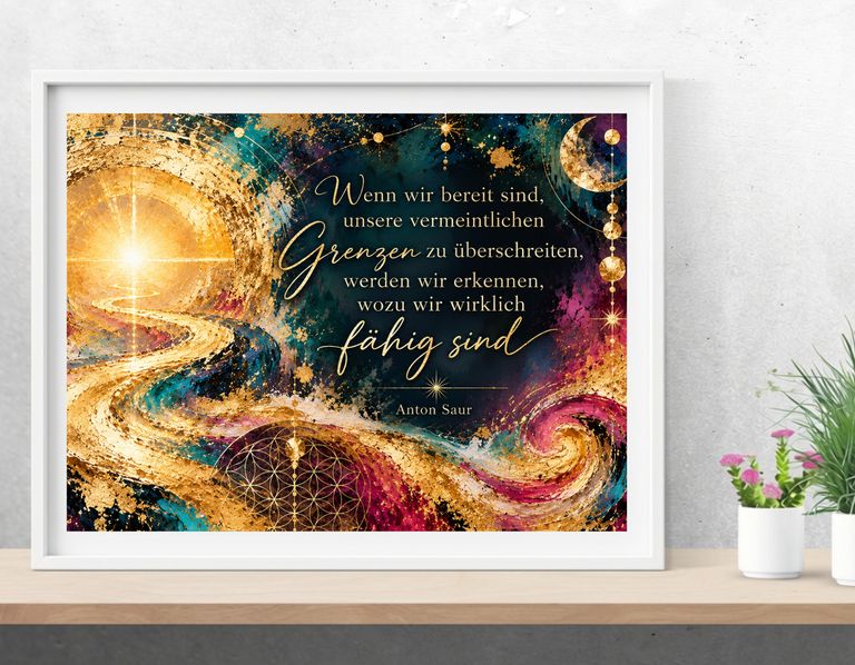 Gerahmtes Kunstbild mit einem Zitat von Anton Saur, inklusive einer goldenen, leuchtenden Spirale und dekorativen, kosmischen Elementen in Blau, Violett und Gold, platziert auf einem weißen Hintergrund neben Pflanzen.